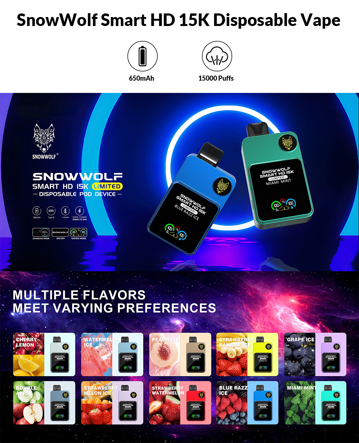 SnowWolf Smart HD 15000 Puffs Disposable Vape